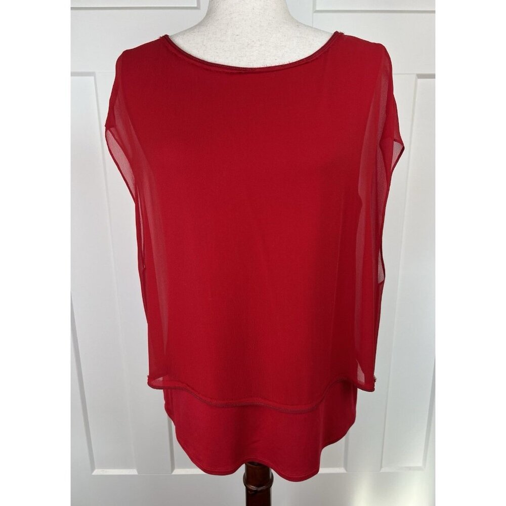 Elie Tahari Silk Overlay Blouse Red Size L Sheer Layered Top Raw Edge Detail